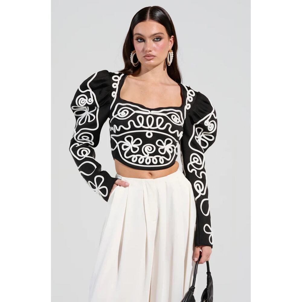 AKIRA Label Blurred Lines Long Sleeve Blouse Black & White